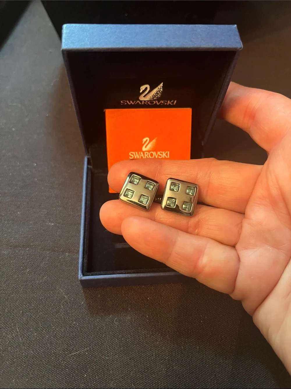 Swarovski Swan Cuff Links  Blue Crystals Gunmetal Tone Signed NOS